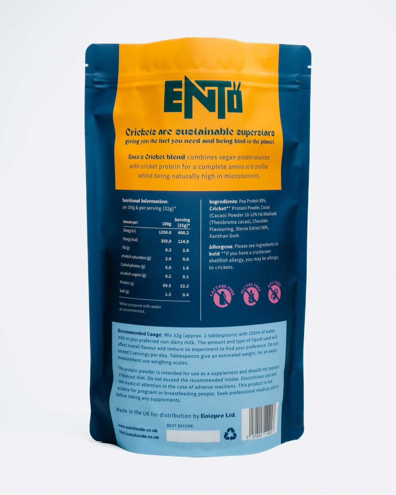 ENTO insect protein package with blue and orange design on a white background