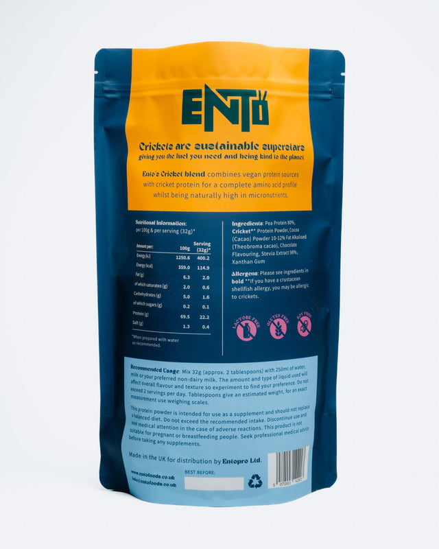 ENTO insect protein package with blue and orange design on a white background
