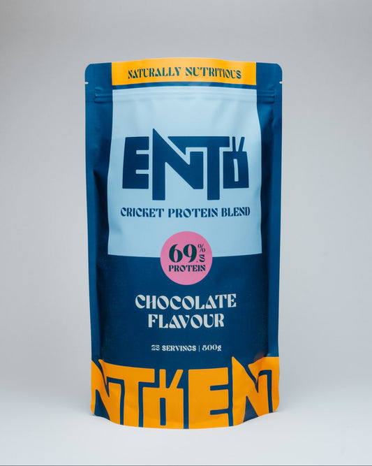 ENTO cricket protein blend package with blue and orange design on a gray background